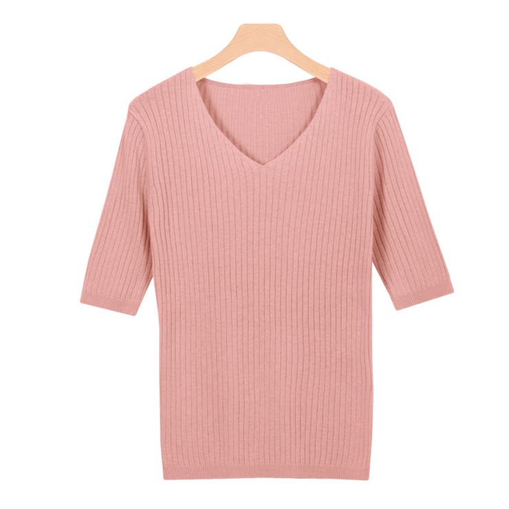 アプリコットピンク | 選べるネック綿混半袖リブニット リブニット セーター ニット Vネック ボート | Pierrot