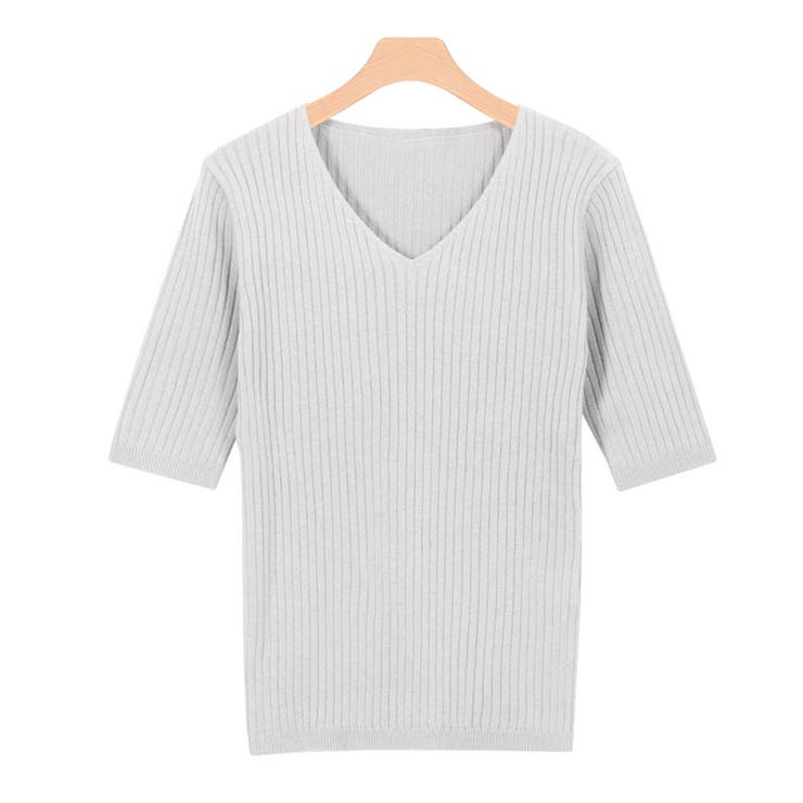 シルバーグレー | 選べるネック綿混半袖リブニット リブニット セーター ニット Vネック ボート | Pierrot
