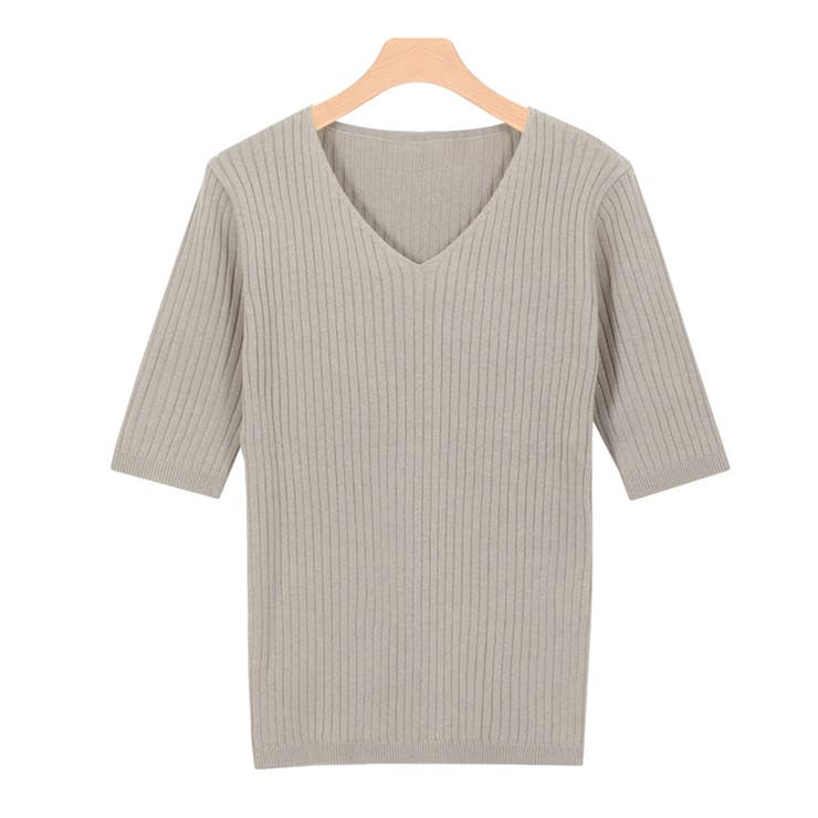 ライトベージュ | 選べるネック綿混半袖リブニット リブニット セーター ニット Vネック ボート | Pierrot