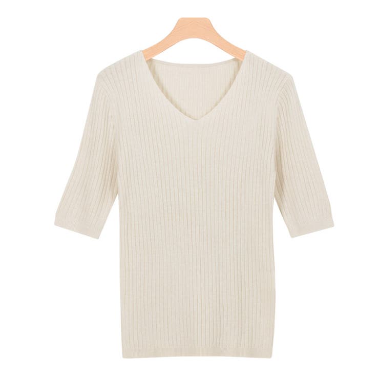 アイボリー | 選べるネック綿混半袖リブニット リブニット セーター ニット Vネック ボート | Pierrot
