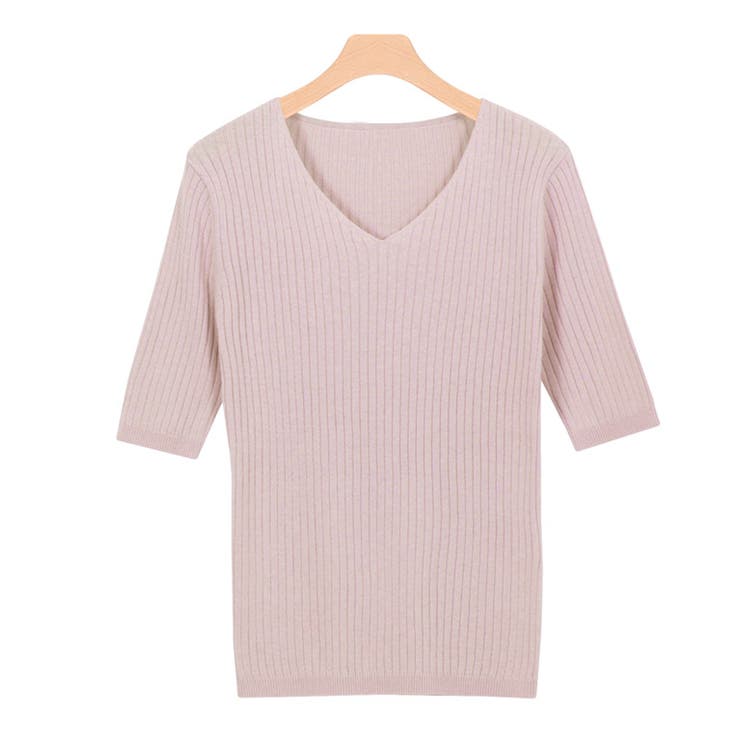 ダスティピンク | 選べるネック綿混半袖リブニット リブニット セーター ニット Vネック ボート | Pierrot