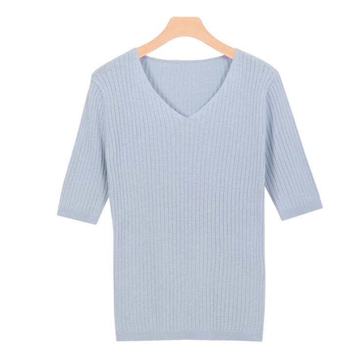 スモークブルー | 選べるネック綿混半袖リブニット リブニット セーター ニット Vネック ボート | Pierrot