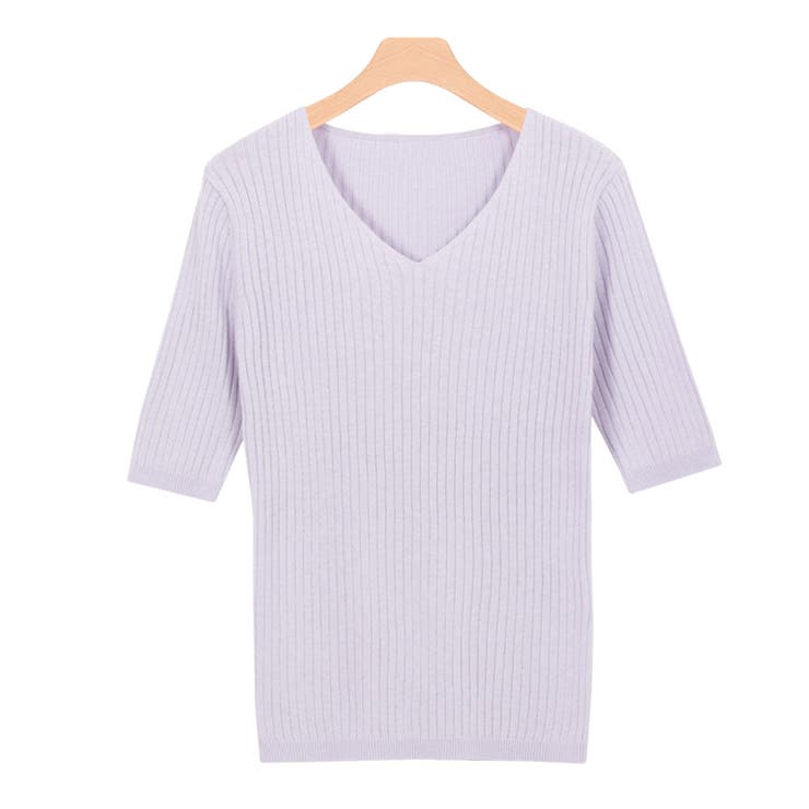 ラベンダー | 選べるネック綿混半袖リブニット リブニット セーター ニット Vネック ボート | Pierrot