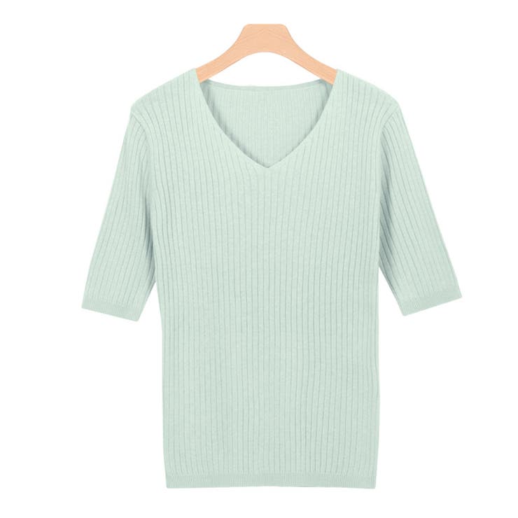 アクア | 選べるネック綿混半袖リブニット リブニット セーター ニット Vネック ボート | Pierrot