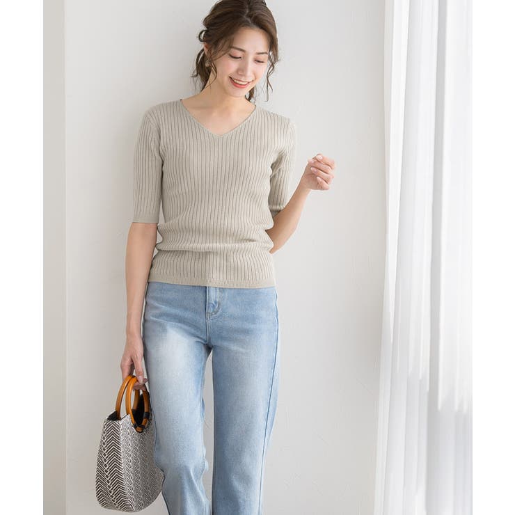 選べるネック綿混半袖リブニット リブニット セーター ニット Vネック ボート | Pierrot | 詳細画像16