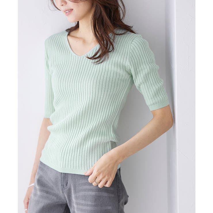 選べるネック綿混半袖リブニット リブニット セーター ニット Vネック ボート | Pierrot | 詳細画像15