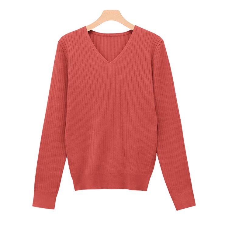 レッドオレンジ | Vネックシルクタッチウォッシャブルリブニット ニット シルクタッチ | Pierrot