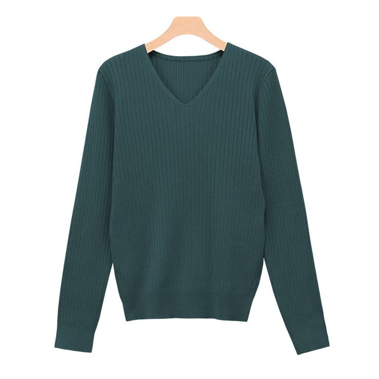 ディープグリーン | Vネックシルクタッチウォッシャブルリブニット ニット シルクタッチ | Pierrot