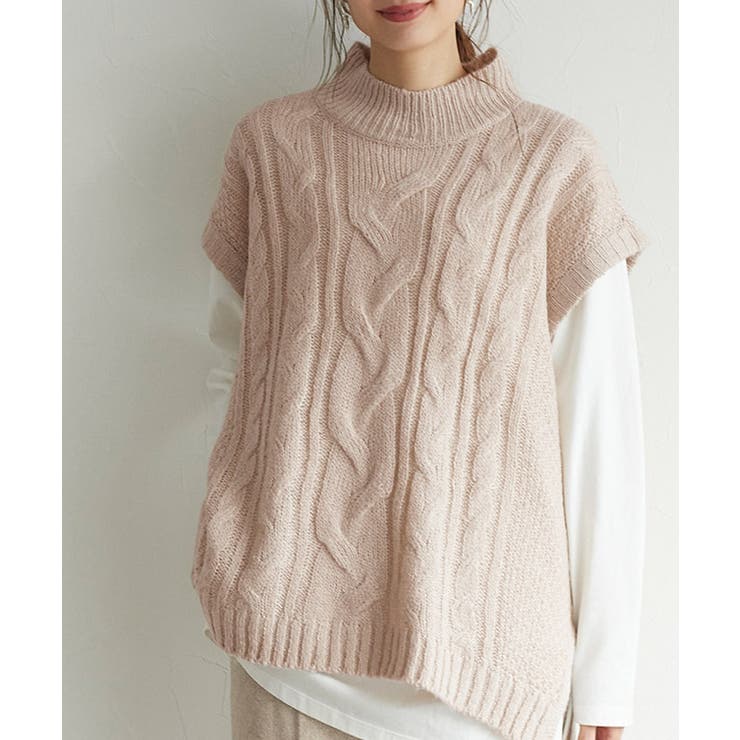 モヘアタッチハイネックケーブルニットベスト モヤヘニット