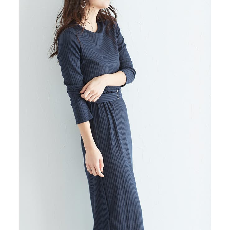 ベルト付きリブカットソーワンピース ニットワンピース