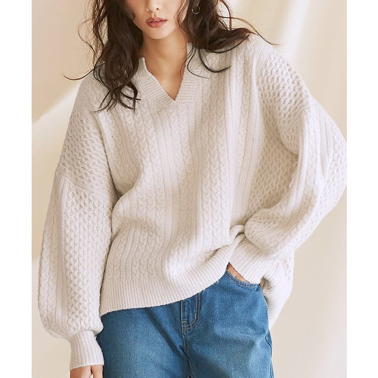 キーネックケーブルニット キーネック ケーブルニット リブニット ドルマンスリ | Pierrot | 詳細画像3 