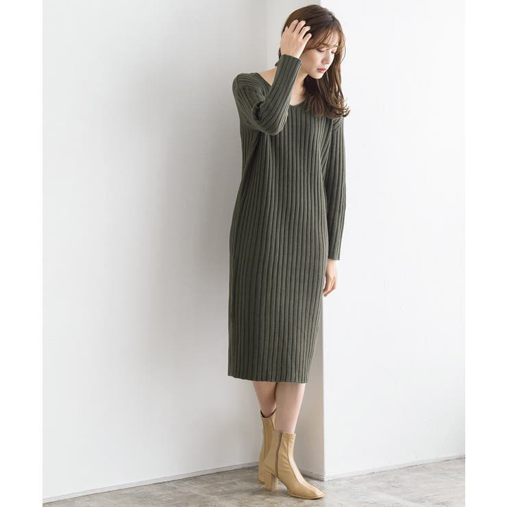 ダークカーキ | 選べる2ネックリブニットワンピース ワンピース リブ リブニット リブワンピ | Pierrot