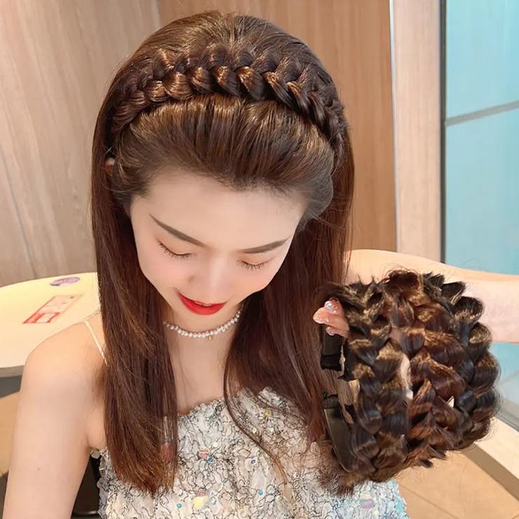 三つ編み カチューシャ ヘアアクセサリー エクステ 【ライトブラウン