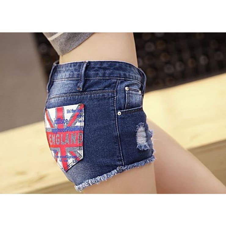 デニムショートパンツ ホットパンツ ワッペン[品番：FQ000098758