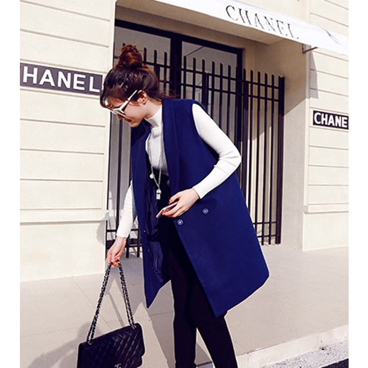 ロングベストコート (ネイビー) Wクロス ロングベスト（ジレ