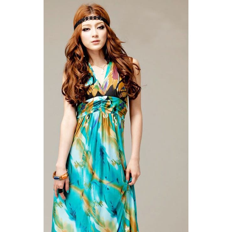 カラフル花柄マキシワンピース・ビーチワンピース・リゾート