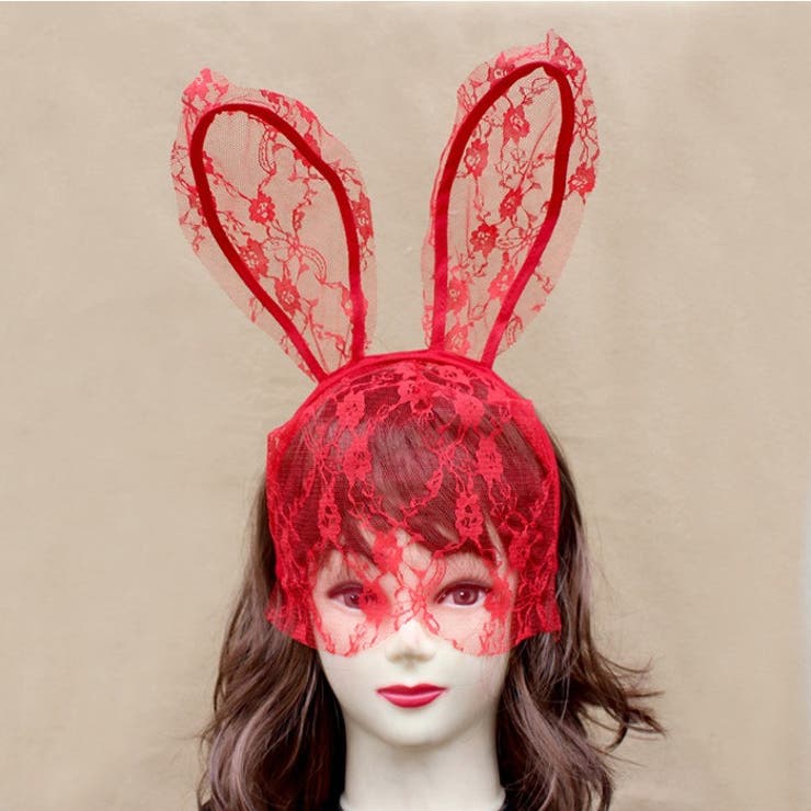 レースのベール付きうさ耳カチューシャ・コスプレグッズ・ハロウィン・バニーガール・ヘアアクセ・ヘッドアクセ・髪飾り・変装・コスプレ・仮装
