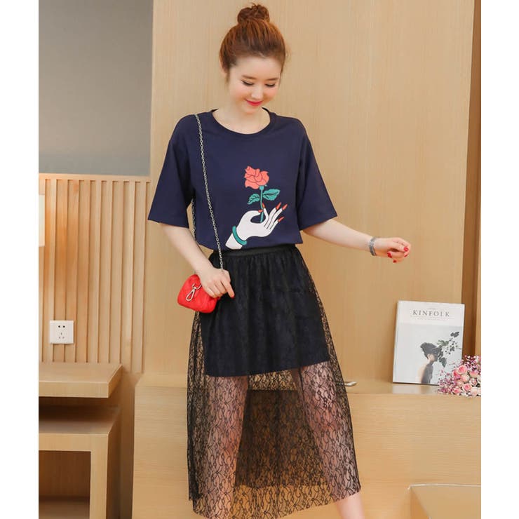 花柄Tシャツワンピースレーススカートセット レディース バラT