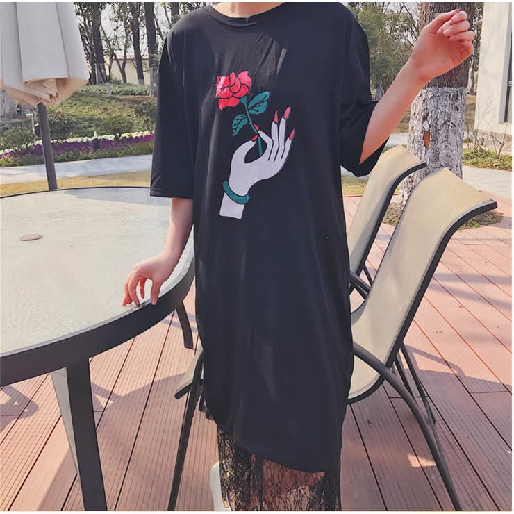 花柄Tシャツワンピースレーススカートセット レディース バラTシャツトップス | PlusNao | 詳細画像5 