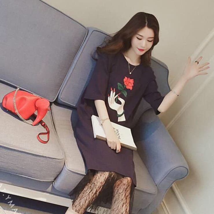 花柄Tシャツワンピースレーススカートセット レディース バラTシャツトップス | PlusNao | 詳細画像6 