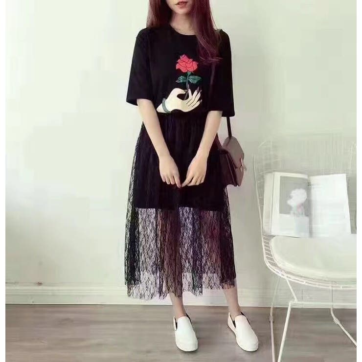 花柄Tシャツワンピースレーススカートセット レディース バラT