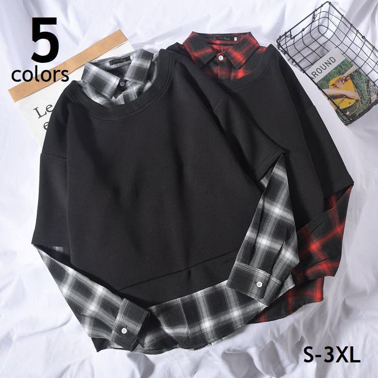 チェックシャツ 重ね着風 プルオーバー[品番：FQ000156772]｜PlusNao