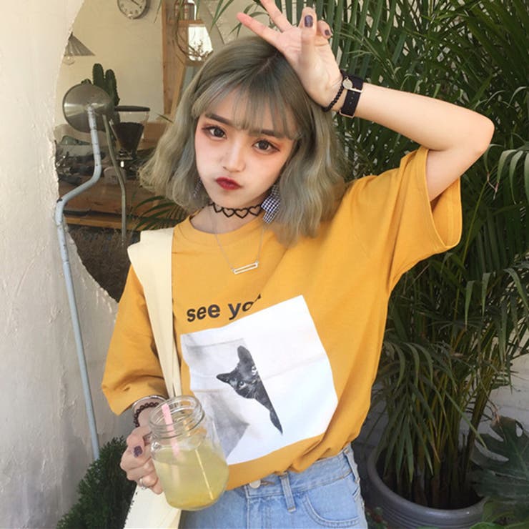 半袖Tシャツ 5分袖 猫プリント[品番：FQ000134447]｜PlusNao