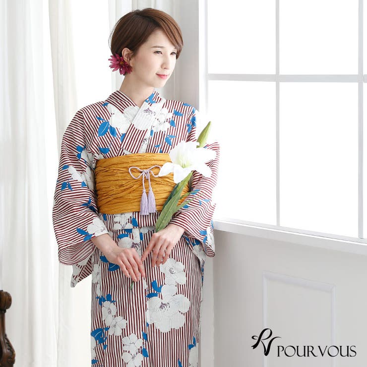 SOUBIEN 椿柄 浴衣 半幅帯2枚 帯留 下駄 バッグ 6点セット SOUBIEN 椿柄 浴衣 半幅帯2枚 帯留 下駄 バッグ 6点セット