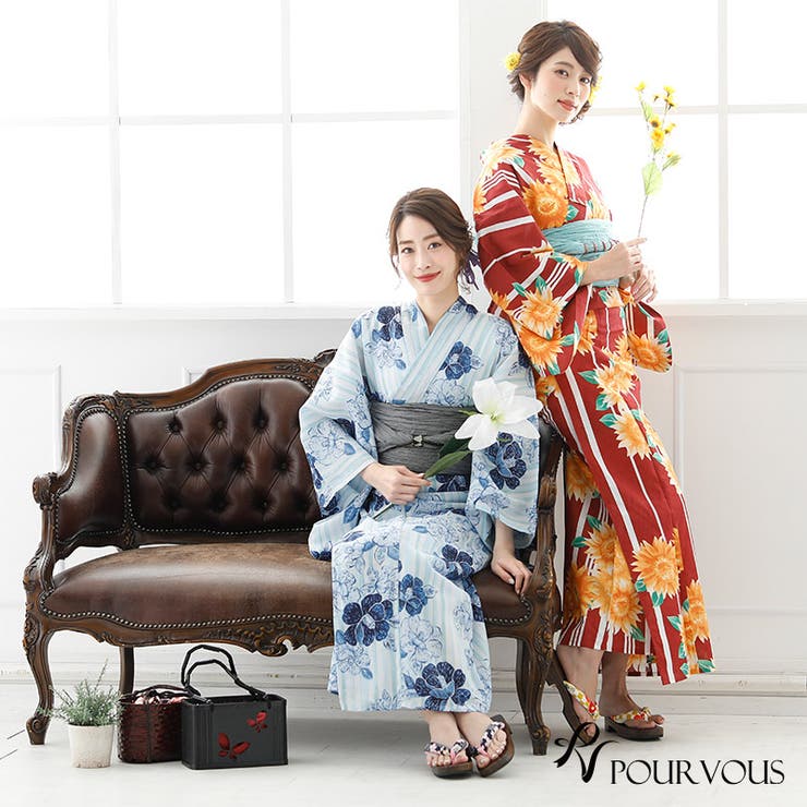 美品PourVousプールブー 大人浴衣 プールヴー PourVous セパレート 二部式 一人で着られる 大人浴衣3点