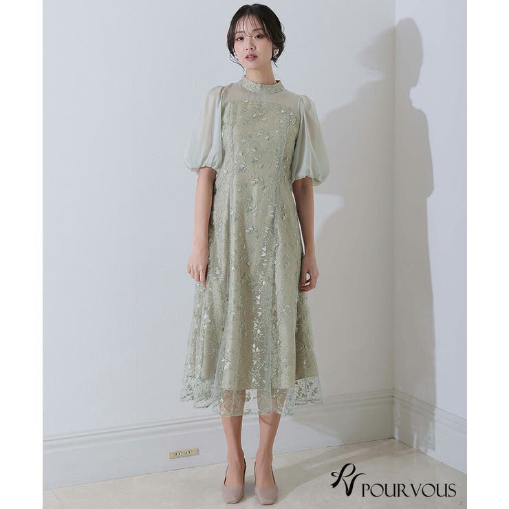 刺繍レース パフスリーブ ワンピース[品番：PV000003583