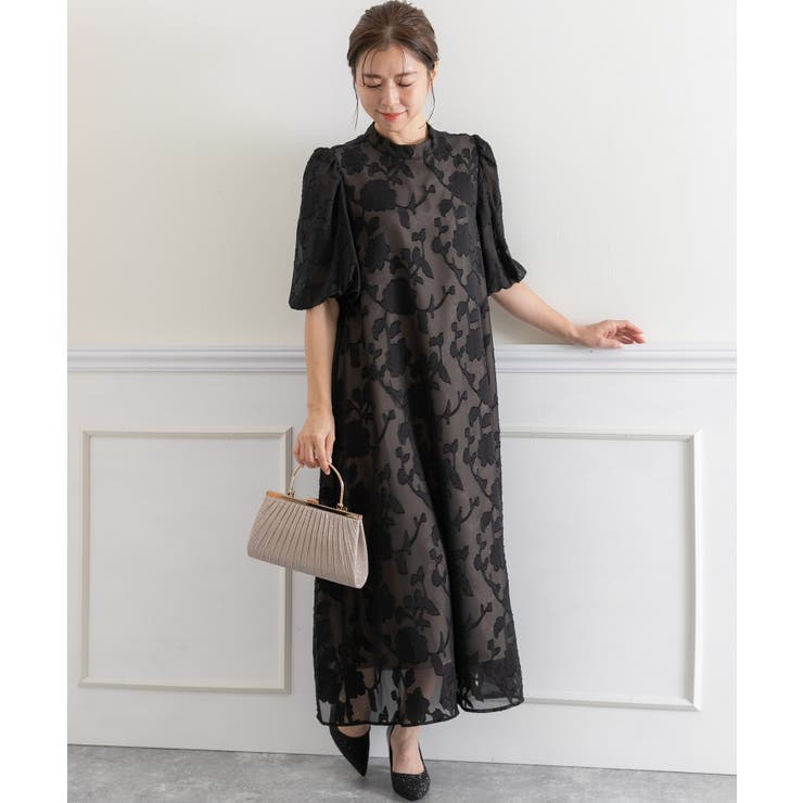 ブラック | 花柄ジャガードランタンスリーブAライン結婚式パーティードレス | PREFERIR