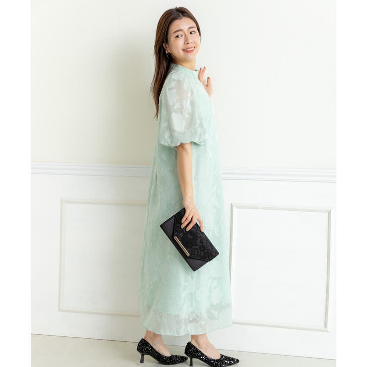 グリーン | 花柄ジャガードランタンスリーブAライン結婚式パーティードレス | PREFERIR