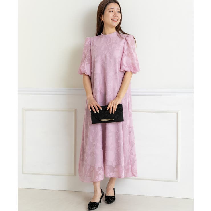 ピンク | 花柄ジャガードランタンスリーブAライン結婚式パーティードレス | PREFERIR