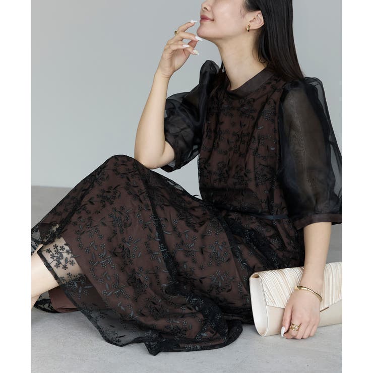 ブラウン | シアーバルーンスリーブドレス | PREFERIR