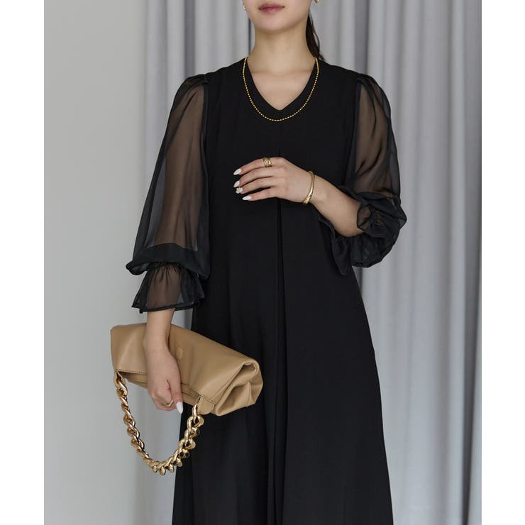 ボリュームシアースリーブAラインVネックドレス | PREFERIR | 詳細画像1 