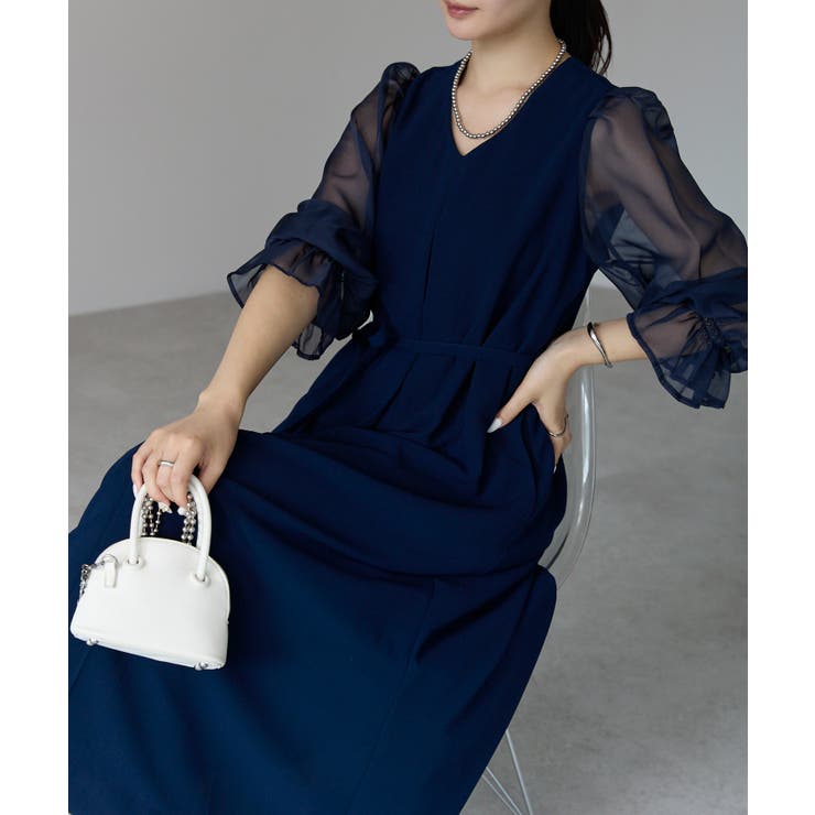 ボリュームシアースリーブAラインVネックドレス | PREFERIR | 詳細画像15 