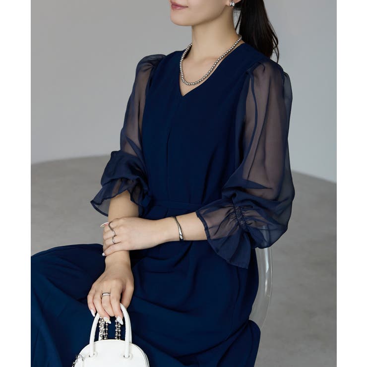 ボリュームシアースリーブAラインVネックドレス | PREFERIR | 詳細画像17 