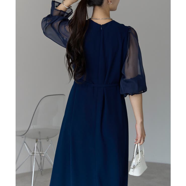 ボリュームシアースリーブAラインVネックドレス | PREFERIR | 詳細画像18 