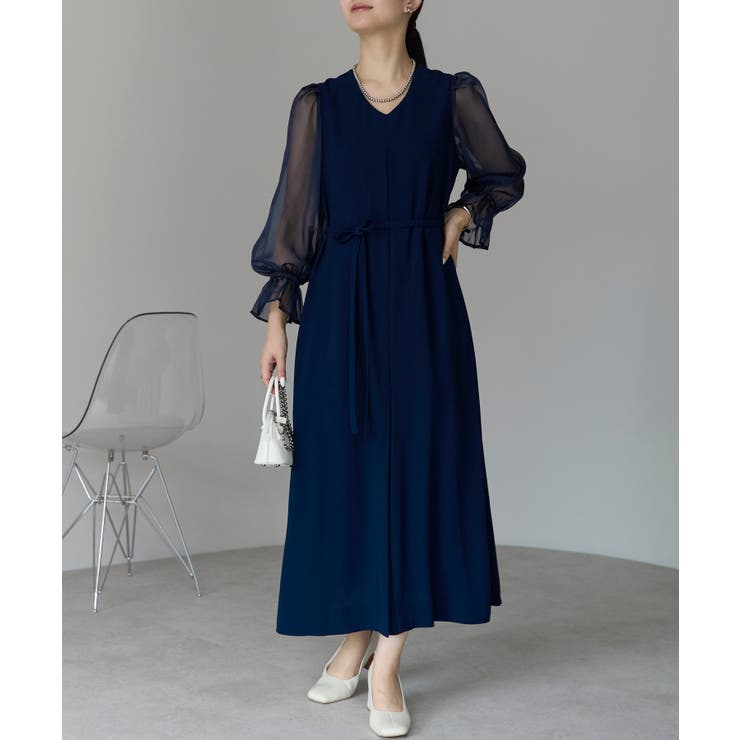 ボリュームシアースリーブAラインVネックドレス | PREFERIR | 詳細画像20 