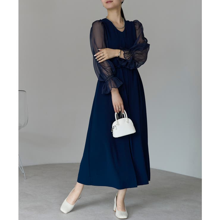 ボリュームシアースリーブAラインVネックドレス | PREFERIR | 詳細画像21 