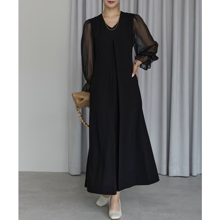 ボリュームシアースリーブAラインVネックドレス | PREFERIR | 詳細画像4 