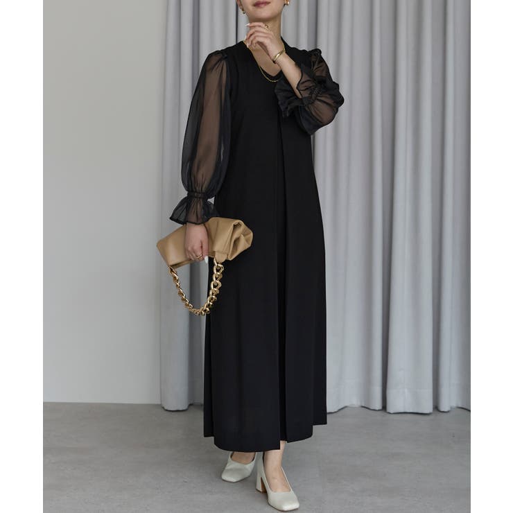 ボリュームシアースリーブAラインVネックドレス | PREFERIR | 詳細画像5 