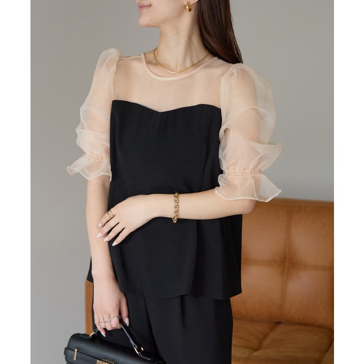 ブラック×ベージュ | バルーンスリーブブラウス+ワイドパンツ | PREFERIR