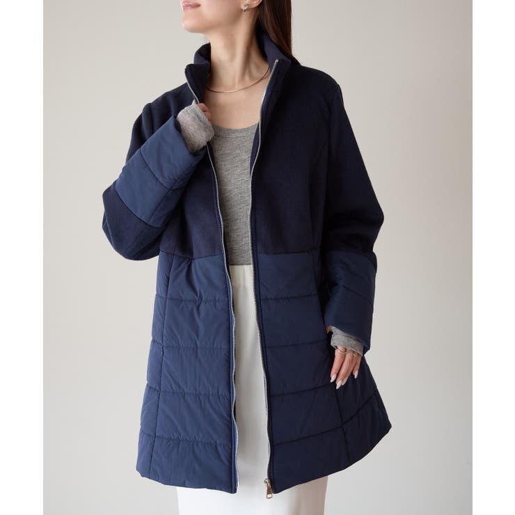 ネイビー | 中わた切り替えスタンドカラーAラインハーフコート | PREFERIR