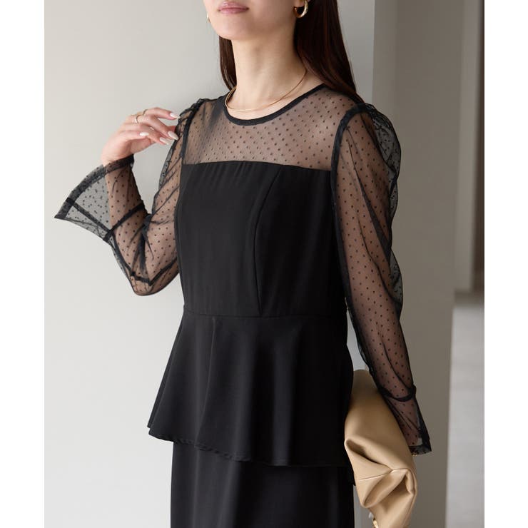 ブラック | ドットチュール切り替えペプラムドレス | PREFERIR