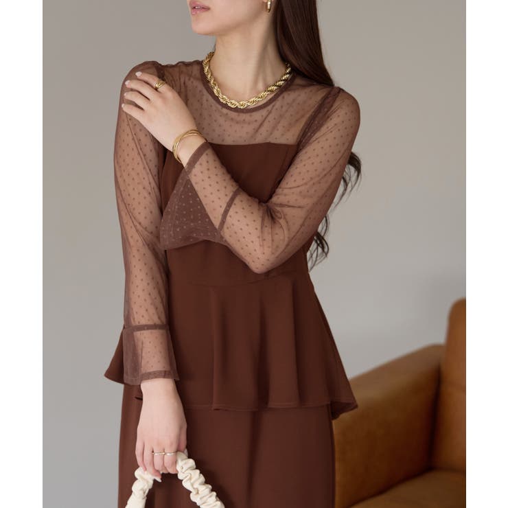 ブラウン | ドットチュール切り替えペプラムドレス | PREFERIR