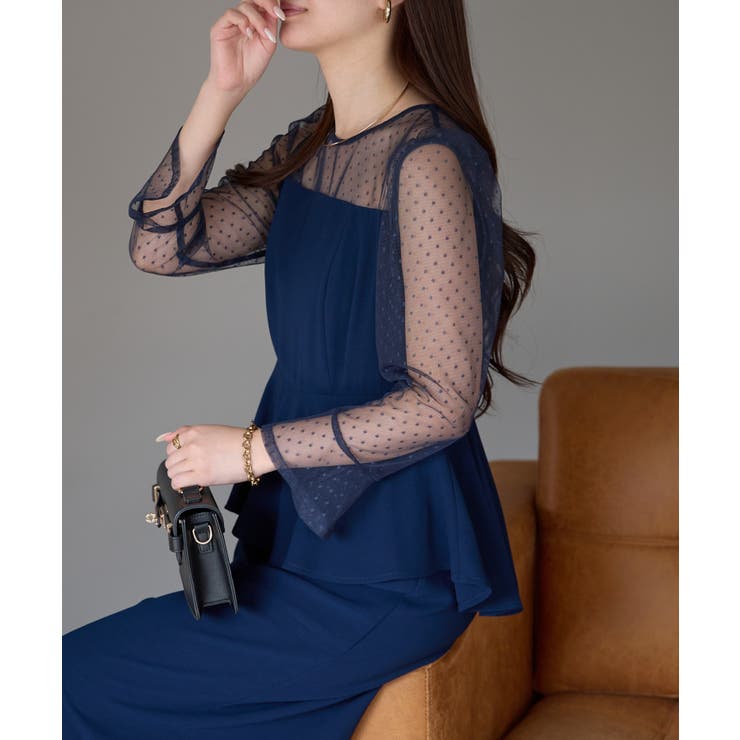 ネイビー | ドットチュール切り替えペプラムドレス | PREFERIR