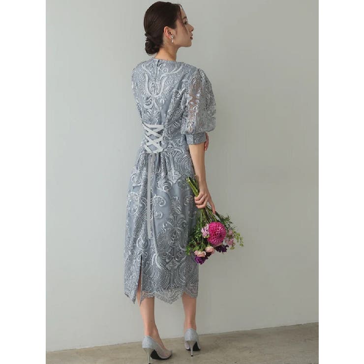 刺繍レースバックリボン結婚式パーティードレス[品番