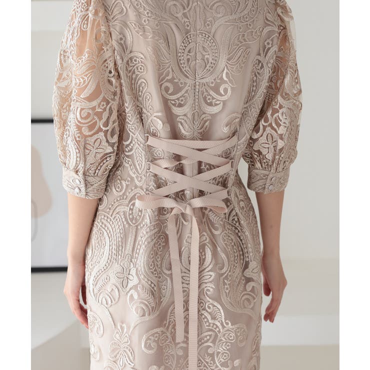 刺繍レースバックリボン結婚式パーティードレス[品番：PSTW0000001