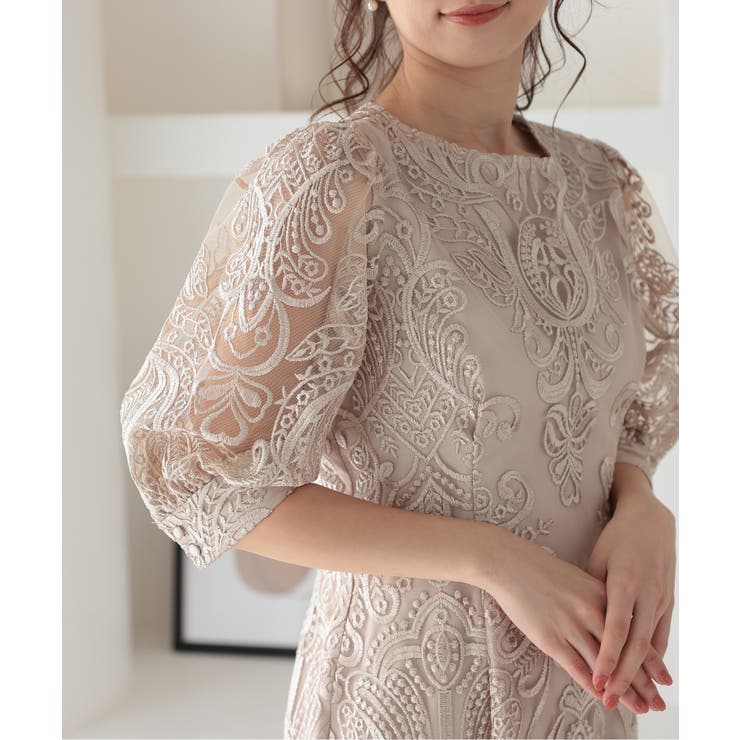 刺繍レースバックリボン結婚式パーティードレス[品番：PSTW0000001